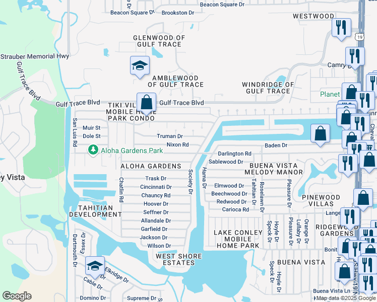 map of restaurants, bars, coffee shops, grocery stores, and more near 3609 Darlington Road in Holiday
