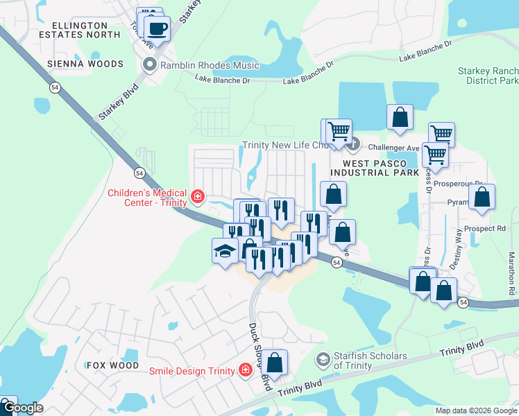 map of restaurants, bars, coffee shops, grocery stores, and more near 10817 Hayden Avenue in New Port Richey