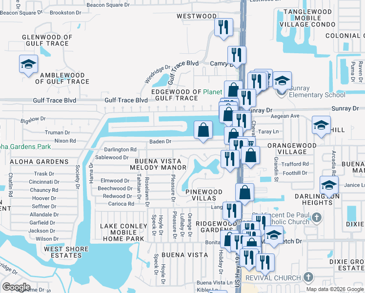 map of restaurants, bars, coffee shops, grocery stores, and more near 4149 Darlington Road in Holiday