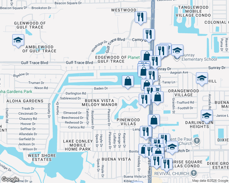 map of restaurants, bars, coffee shops, grocery stores, and more near 4212 Baden Drive in Holiday