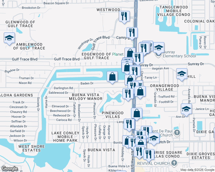 map of restaurants, bars, coffee shops, grocery stores, and more near 4212 Baden Drive in Holiday
