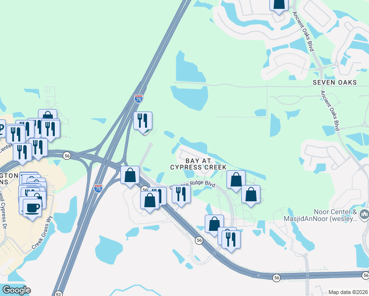 map of restaurants, bars, coffee shops, grocery stores, and more near 26529 Castleview Way in Wesley Chapel