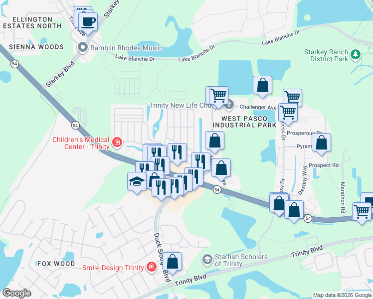 map of restaurants, bars, coffee shops, grocery stores, and more near 10901 Central Park Avenue in New Port Richey