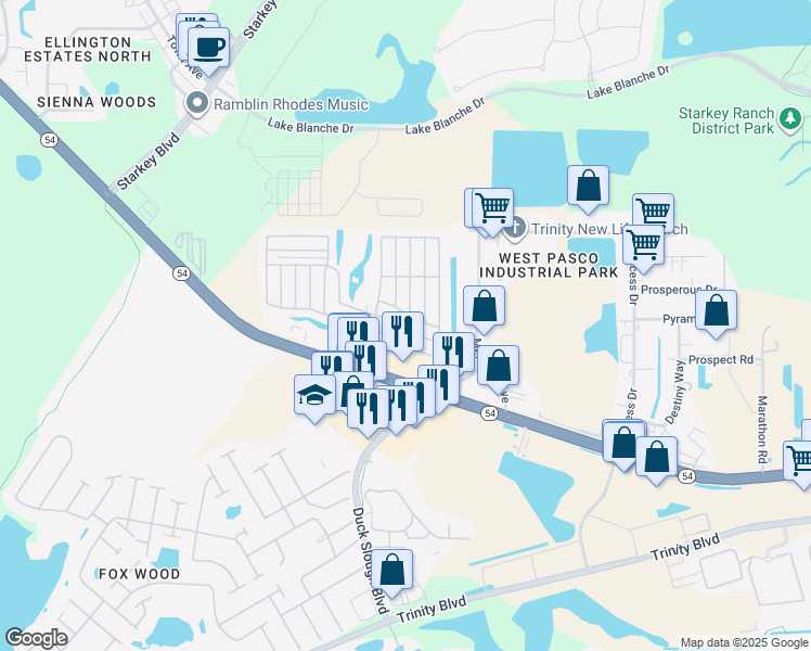 map of restaurants, bars, coffee shops, grocery stores, and more near 10901 Central Park Avenue in New Port Richey