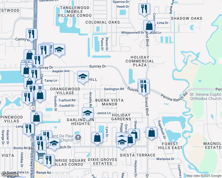 map of restaurants, bars, coffee shops, grocery stores, and more near 5119 Darlington Road in Holiday