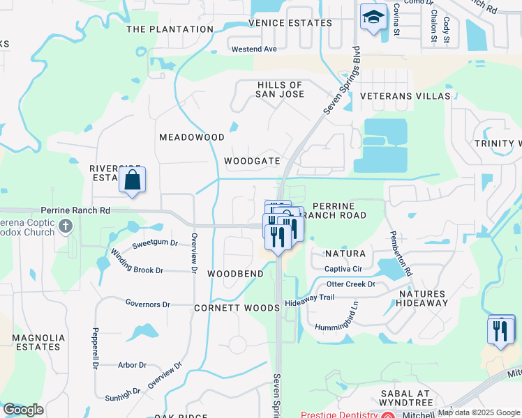 map of restaurants, bars, coffee shops, grocery stores, and more near 2529 Seven Springs Boulevard in New Port Richey