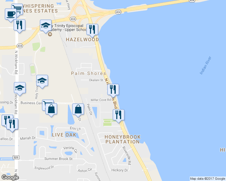 map of restaurants, bars, coffee shops, grocery stores, and more near 5275 North Harbor City Boulevard in Palm Shores