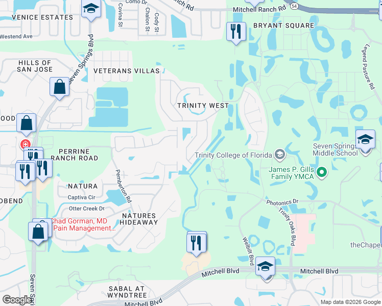 map of restaurants, bars, coffee shops, grocery stores, and more near 2507 Palesta Drive in Trinity