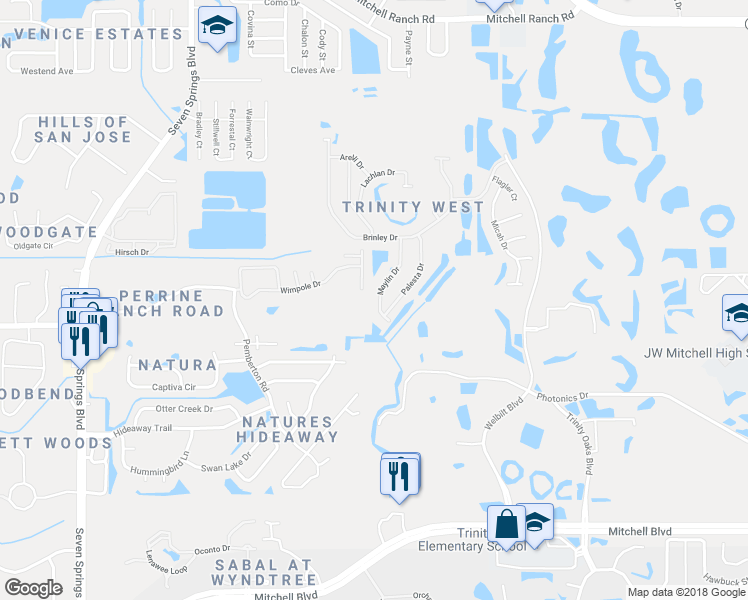 map of restaurants, bars, coffee shops, grocery stores, and more near 2509 Maylin Drive in New Port Richey