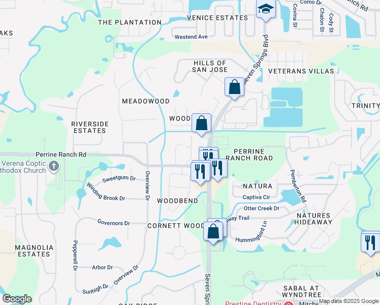 map of restaurants, bars, coffee shops, grocery stores, and more near 2519 Ranchside Terrace in New Port Richey