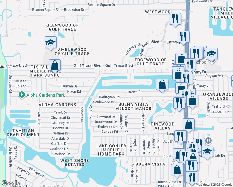 map of restaurants, bars, coffee shops, grocery stores, and more near 3926 Baden Drive in Holiday
