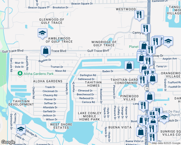 map of restaurants, bars, coffee shops, grocery stores, and more near 3842 Baden Drive in Holiday