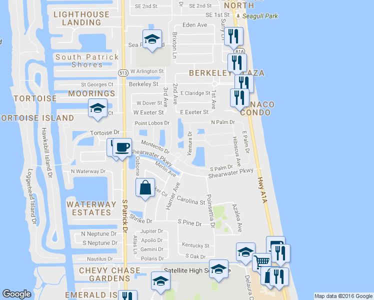 map of restaurants, bars, coffee shops, grocery stores, and more near 740 Ventura Drive in Satellite Beach