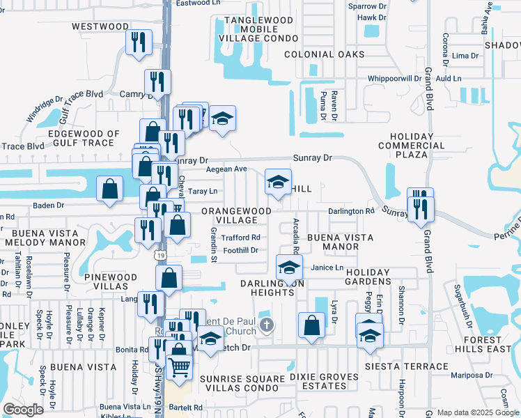 map of restaurants, bars, coffee shops, grocery stores, and more near 2508 Sweetwood Dr in Holiday