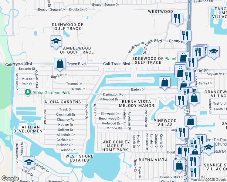 map of restaurants, bars, coffee shops, grocery stores, and more near 3830 Baden Drive in Holiday