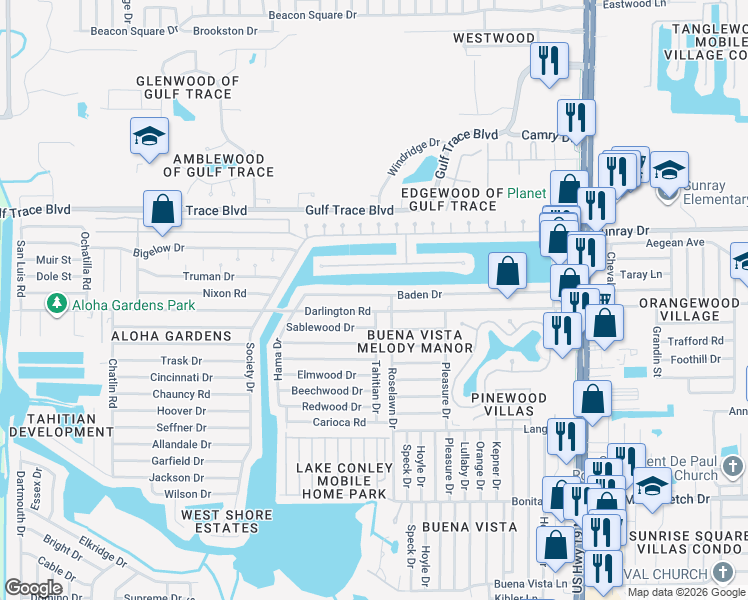 map of restaurants, bars, coffee shops, grocery stores, and more near 3926 Baden Drive in Holiday