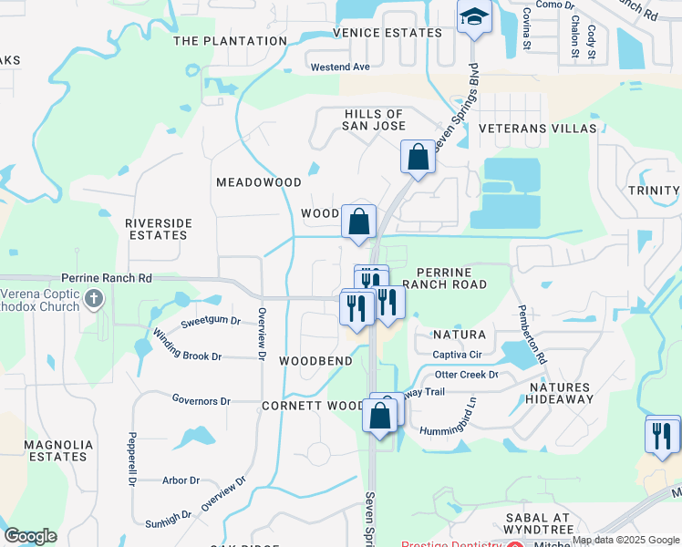 map of restaurants, bars, coffee shops, grocery stores, and more near 2519 Ranchside Terrace in New Port Richey