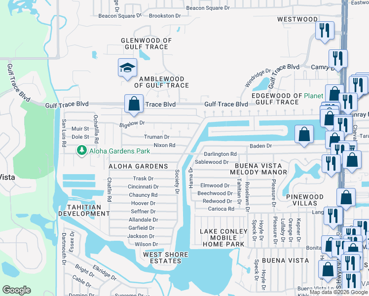 map of restaurants, bars, coffee shops, grocery stores, and more near 3634 Nixon Road in Holiday