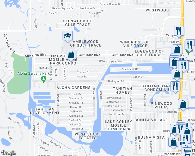 map of restaurants, bars, coffee shops, grocery stores, and more near 3634 Nixon Road in Holiday