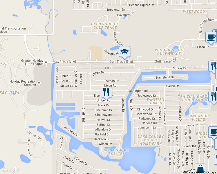 map of restaurants, bars, coffee shops, grocery stores, and more near 3450 Nixon Road in Holiday