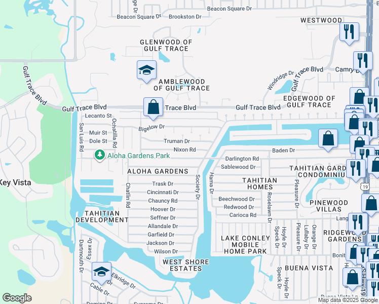 map of restaurants, bars, coffee shops, grocery stores, and more near 3542 Nixon Road in Holiday