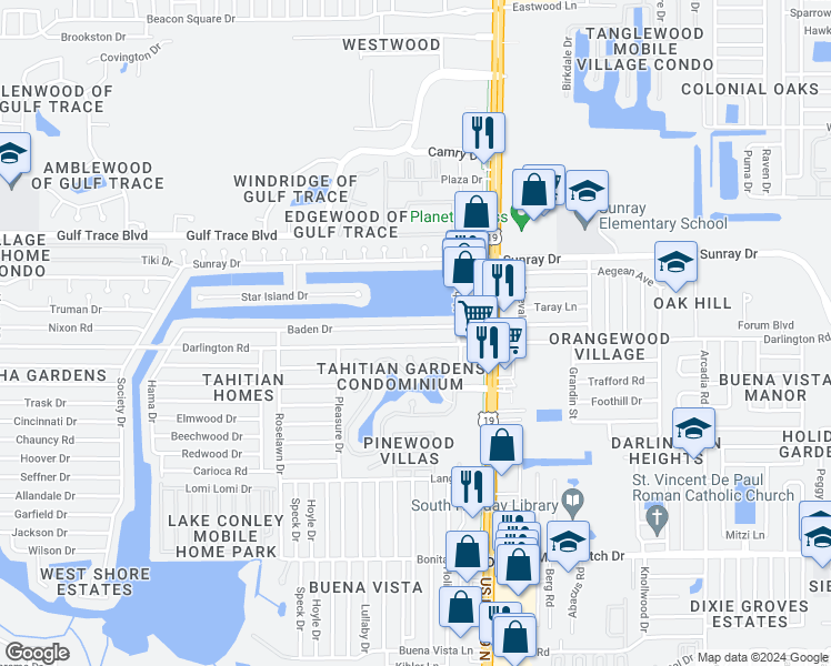 map of restaurants, bars, coffee shops, grocery stores, and more near 4314 Baden Drive in Holiday