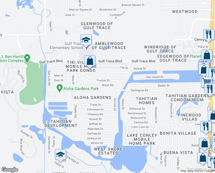 map of restaurants, bars, coffee shops, grocery stores, and more near 3530 Nixon Road in Holiday