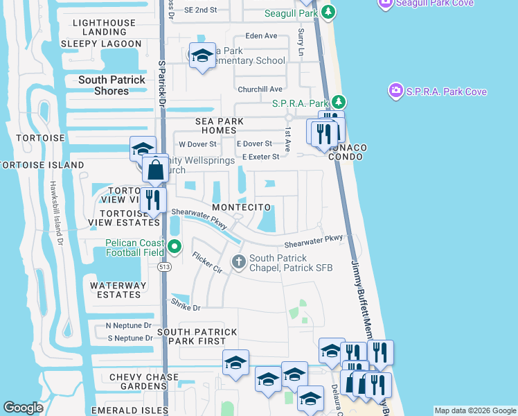 map of restaurants, bars, coffee shops, grocery stores, and more near 733 Ventura Drive in Satellite Beach