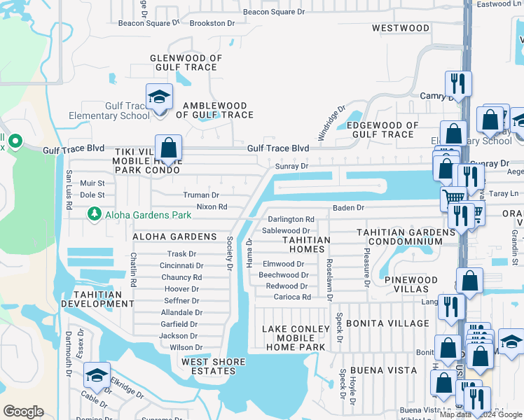 map of restaurants, bars, coffee shops, grocery stores, and more near 3727 Baden Dr in Holiday