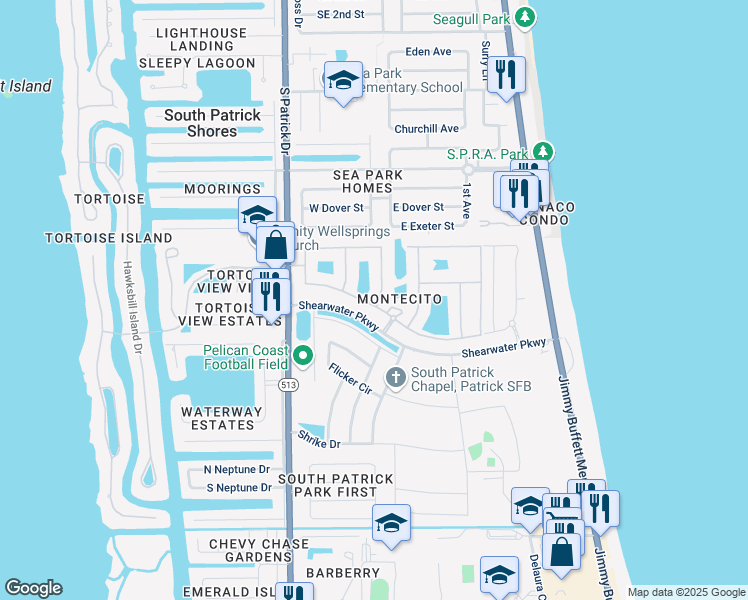 map of restaurants, bars, coffee shops, grocery stores, and more near 768 Monterey Drive in Satellite Beach