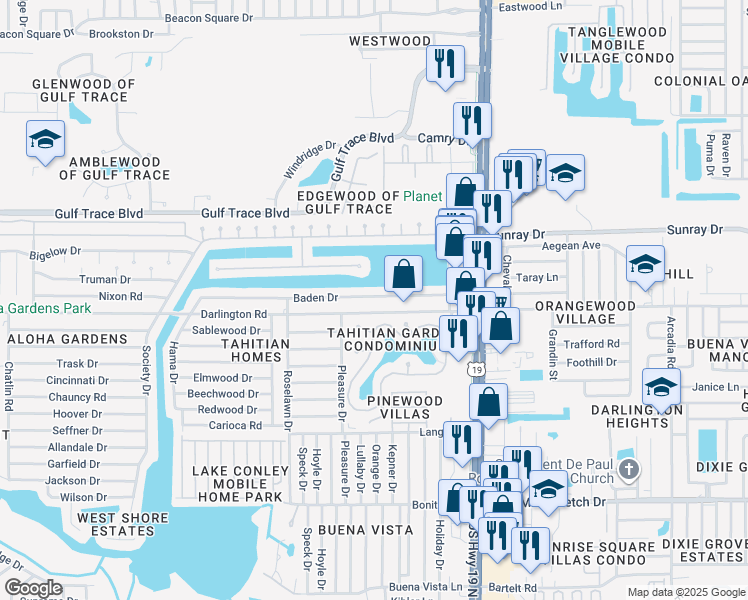 map of restaurants, bars, coffee shops, grocery stores, and more near 4212 Baden Drive in Holiday