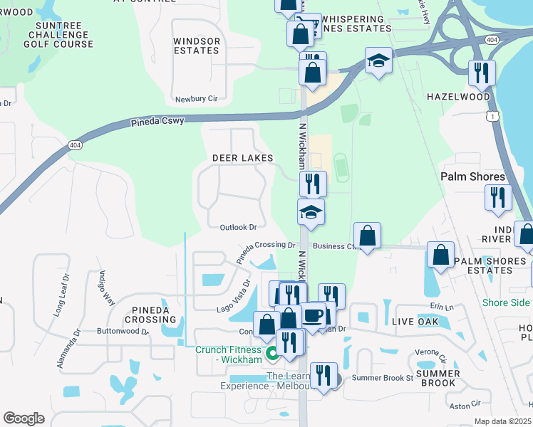 map of restaurants, bars, coffee shops, grocery stores, and more near 5212 Outlook Drive in Melbourne