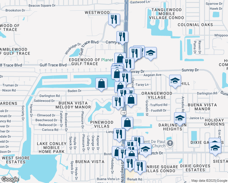 map of restaurants, bars, coffee shops, grocery stores, and more near 4404 Baden Dr in Holiday