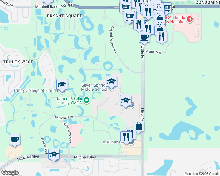 map of restaurants, bars, coffee shops, grocery stores, and more near 2441 Little Road in Trinity