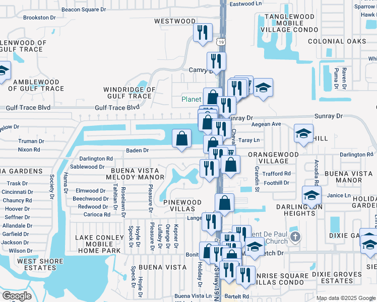 map of restaurants, bars, coffee shops, grocery stores, and more near 4322 Baden Drive in Holiday