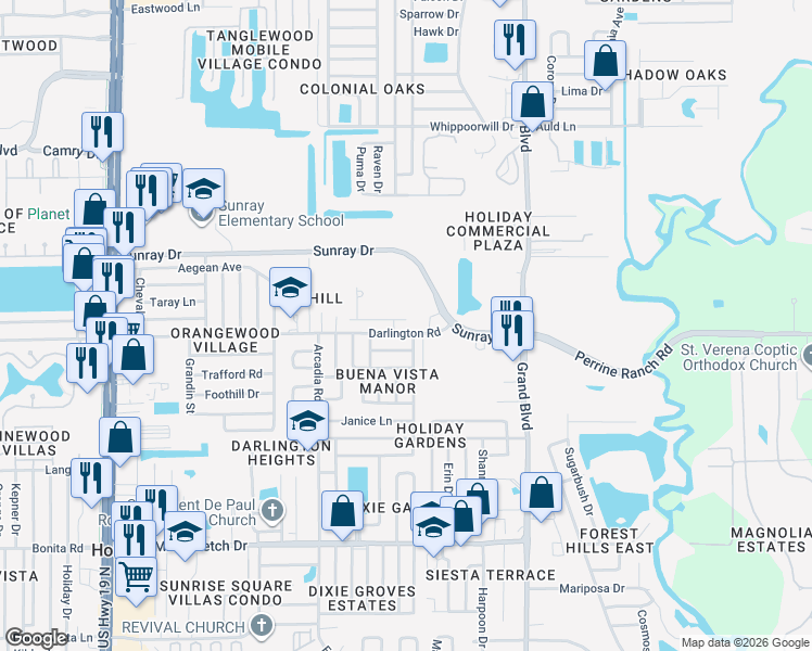 map of restaurants, bars, coffee shops, grocery stores, and more near 5226 Forum Boulevard in Holiday