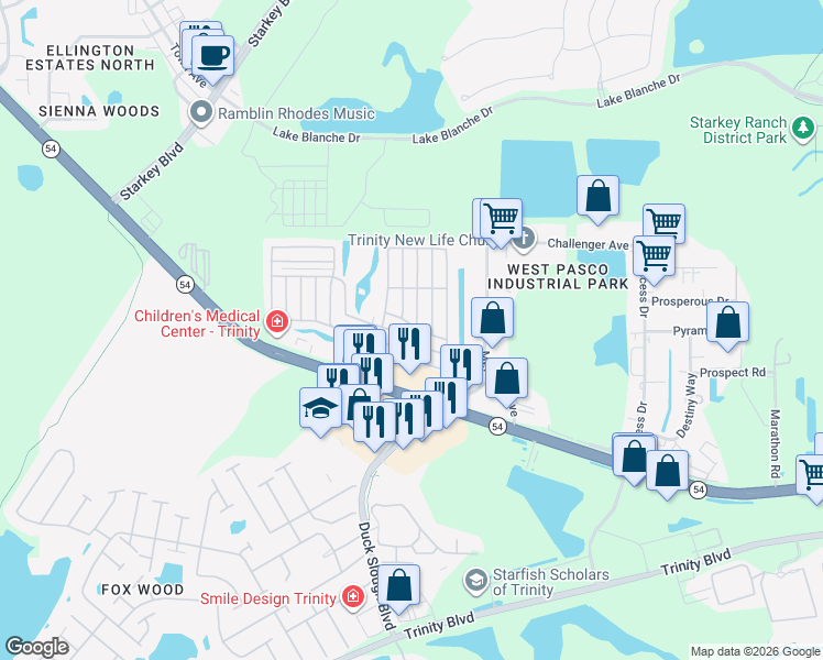 map of restaurants, bars, coffee shops, grocery stores, and more near 10901 Central Park Avenue in New Port Richey