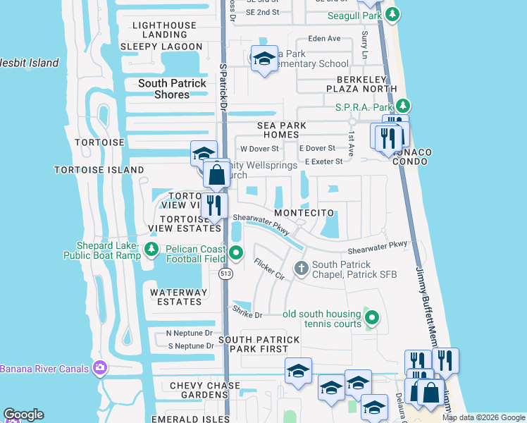 map of restaurants, bars, coffee shops, grocery stores, and more near 359 Montecito Dr in Satellite Beach