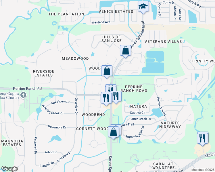 map of restaurants, bars, coffee shops, grocery stores, and more near 2529 Seven Springs Boulevard in New Port Richey