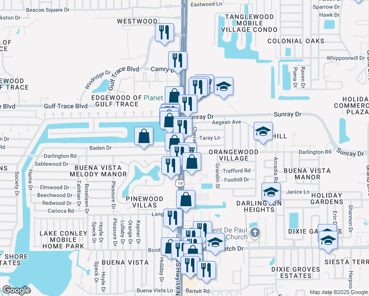 map of restaurants, bars, coffee shops, grocery stores, and more near 2501 Florida 55 in Holiday
