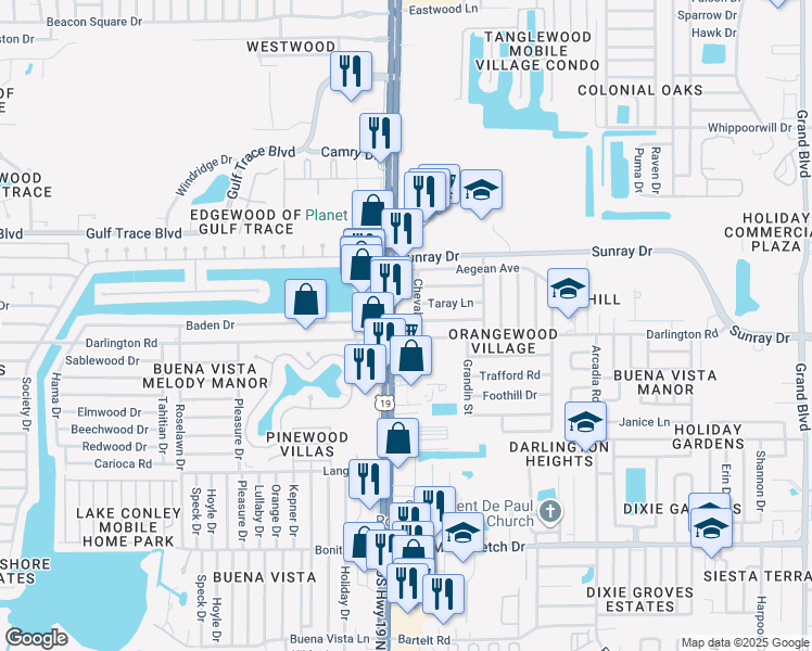 map of restaurants, bars, coffee shops, grocery stores, and more near 4551 Darlington Road in Holiday