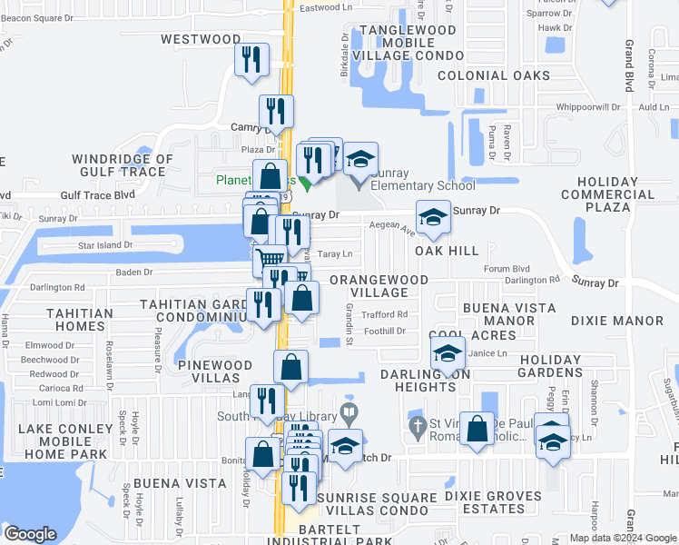 map of restaurants, bars, coffee shops, grocery stores, and more near 4634 Abdella Lane in Holiday