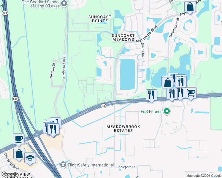 map of restaurants, bars, coffee shops, grocery stores, and more near 2770 Mystic Pointe Parkway in Land O' Lakes