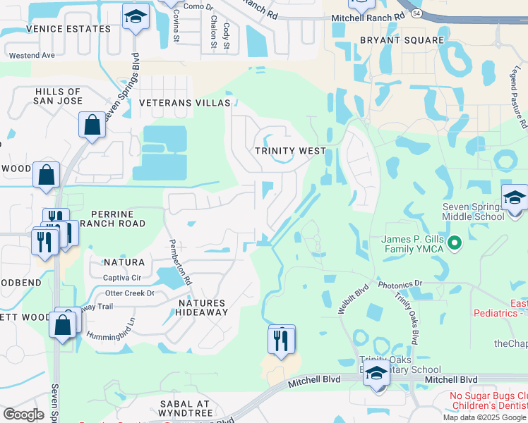 map of restaurants, bars, coffee shops, grocery stores, and more near 2521 Maylin Drive in Trinity