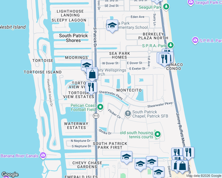 map of restaurants, bars, coffee shops, grocery stores, and more near 369 Montecito Drive in Satellite Beach
