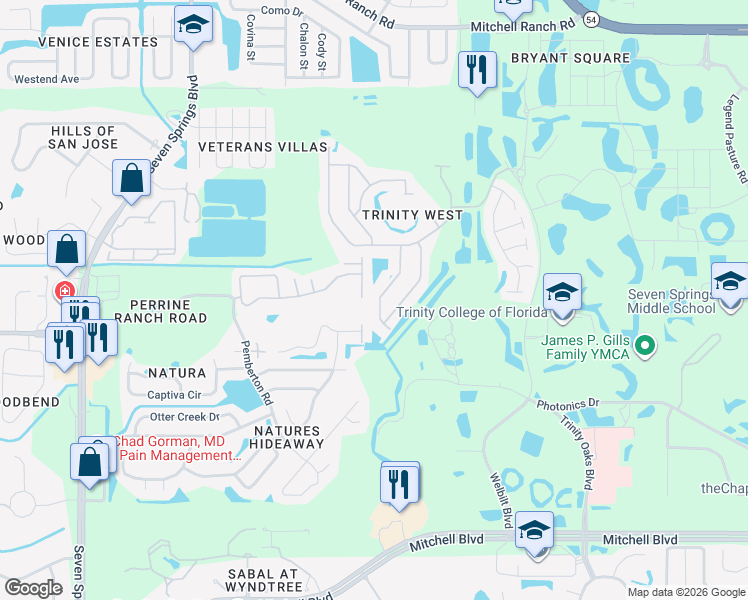 map of restaurants, bars, coffee shops, grocery stores, and more near 2507 Palesta Drive in Trinity