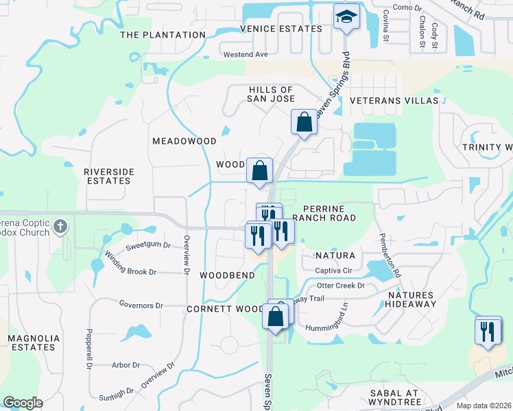 map of restaurants, bars, coffee shops, grocery stores, and more near 2529 Seven Springs Boulevard in New Port Richey