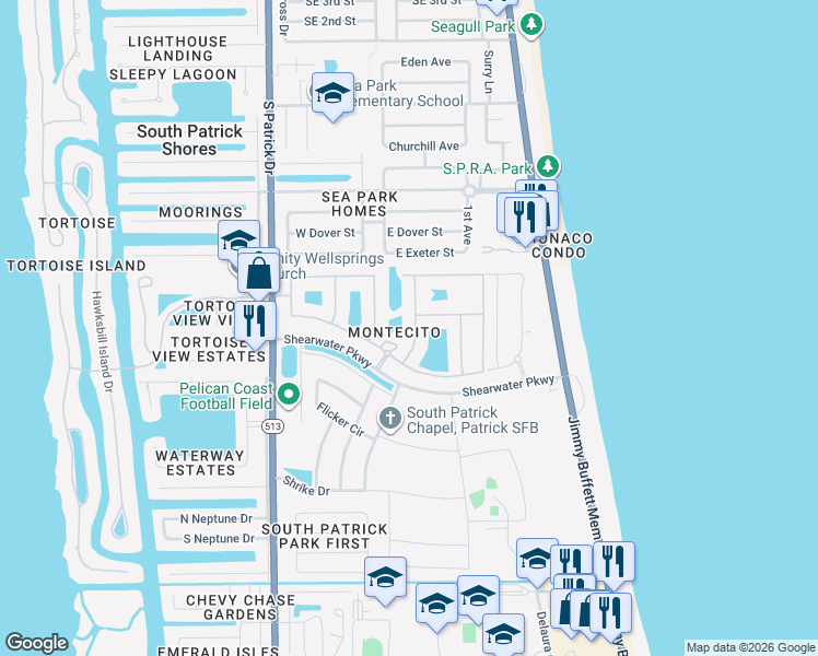map of restaurants, bars, coffee shops, grocery stores, and more near 726 Ventura Drive in Satellite Beach