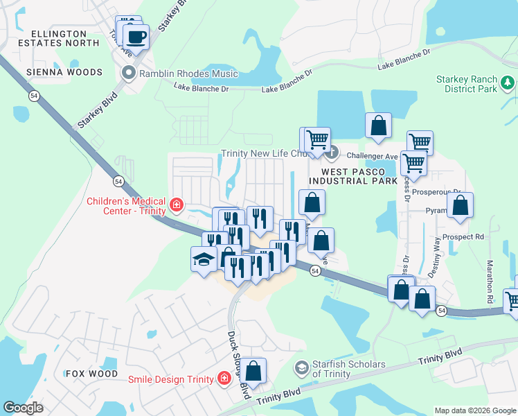 map of restaurants, bars, coffee shops, grocery stores, and more near 10901 Central Park Avenue in New Port Richey