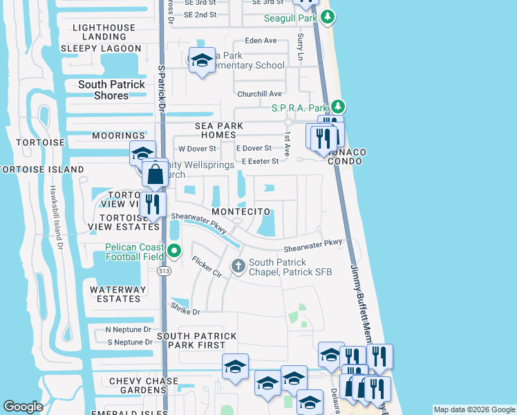 map of restaurants, bars, coffee shops, grocery stores, and more near 740 Ventura Drive in Satellite Beach